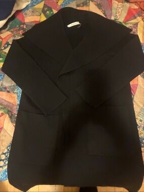 Women's Black Open-Front Shawl Collar Trench Coat by Kokun